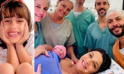 Foto de Isabella Nardoni, à esquerda; foto de sala cirúrgica com paciente e bebê recém-nascida, à direita