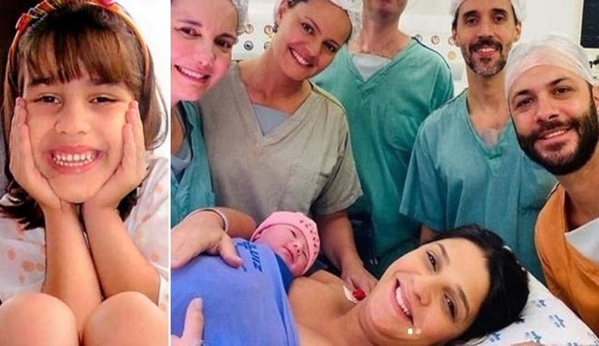 Foto de Isabella Nardoni, à esquerda; foto de sala cirúrgica com paciente e bebê recém-nascida, à direita