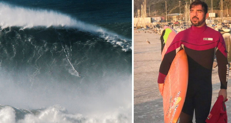 À esquerda, Koxa surfa onda gigante; à direita, anda por cais com sua prança