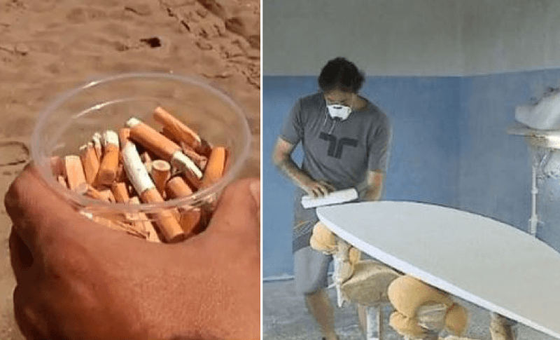 À esquerda, pote com bitucas de cigarro; à direita, designer fazendo prancha