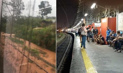 Trilhos alagados, à esquerda; estação lotada, à direita