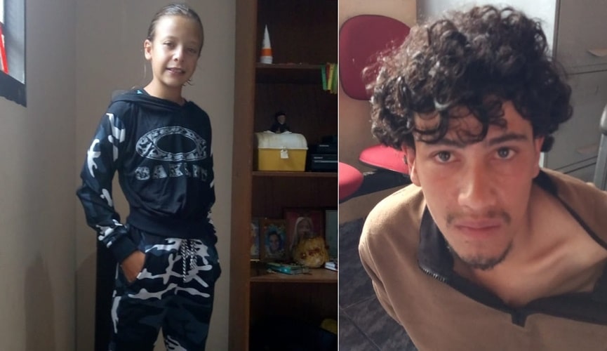 Foto de menina assassinada, à esquerda; foto de suspeito do crime, à direita