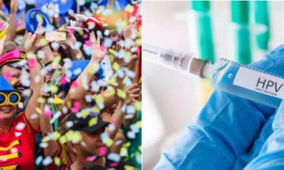 À esquerda, foliões no Carnaval; à direita, vacina contra o HPV