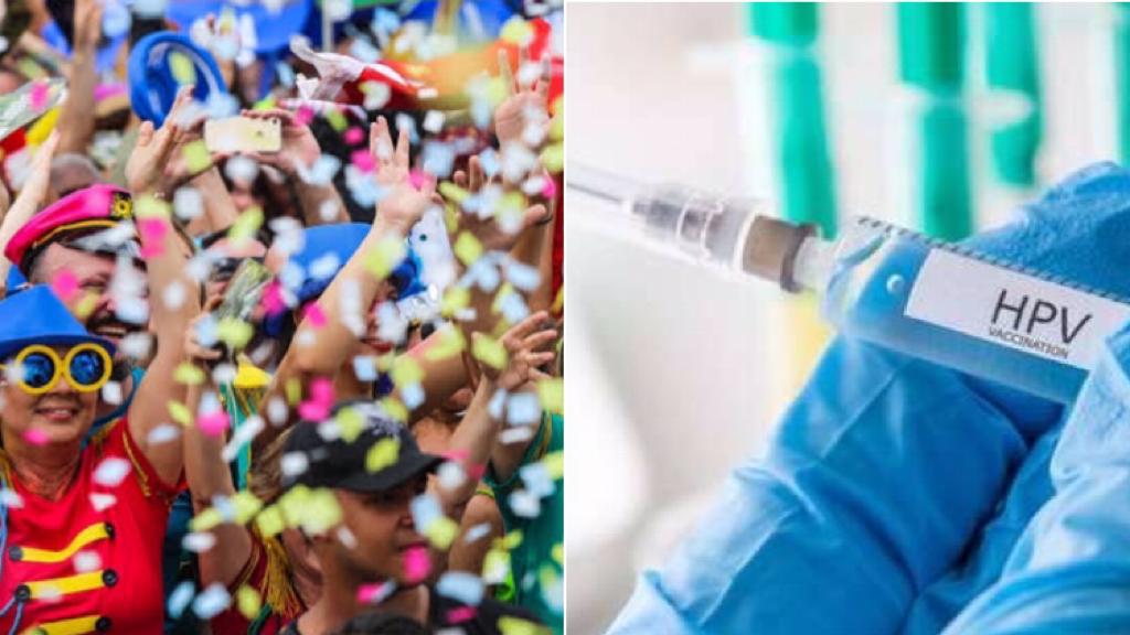 À esquerda, foliões no Carnaval; à direita, vacina contra o HPV