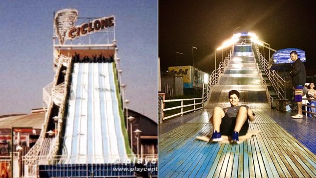 Montagem de duas fotos compara o antigo ciclone a tobogã instalado em parque itinerante em Jundiaí