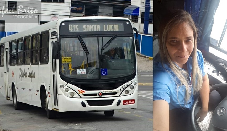 Foto de ônibus de transporte público, à esquerda; foto de motorista, à direita
