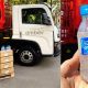 Foto de caminhão com carregamento de álcool em gel, à esquerda; frasco de álcool em gel, à direita