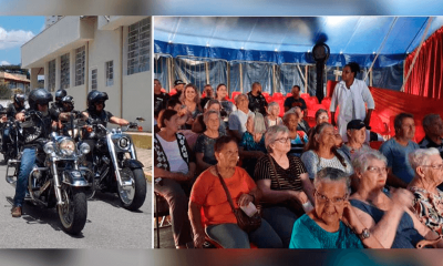 À esquerda, motos chegando à Cidade Vicentina; à direita, idosos já posicionados nos assentos do circo