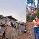 À esquerda, foto do bairro atendido pelo grupo; à direita, homem e mulher seguram cesta básica