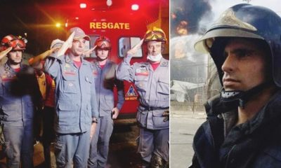 Foto de bombeiros em homenagem, à esquerda; foto do rosto do bombeiro que morreu em resgate, cabo Batalha, à direita