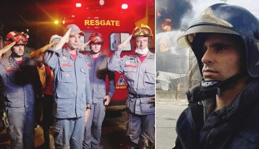 Foto de bombeiros em homenagem, à esquerda; foto do rosto do bombeiro que morreu em resgate, cabo Batalha, à direita