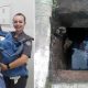 Foto de policiais segurando bebê, à esquerda; foto de bueiro, à direita