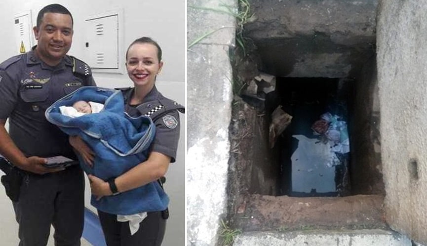 Foto de policiais segurando bebê, à esquerda; foto de bueiro, à direita