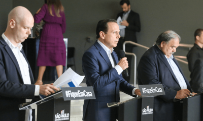 Bruno Covas, João Doria e José Henrique Germann Ferreira, em coletiva