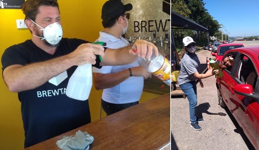 Foto de homem limpando garrafa, à esquerda; foto de garrafa sendo entregue, à direita