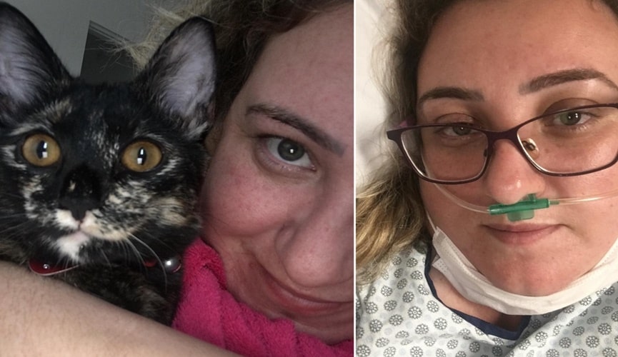 Foto de mulher com gato, à esquerda; foto de mulher internada, à direita