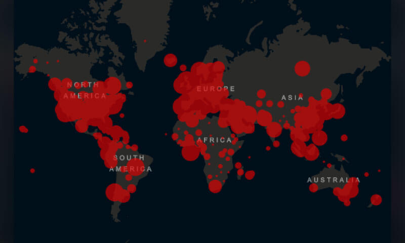 Mapa mundi com casos confirmados comparados entre países