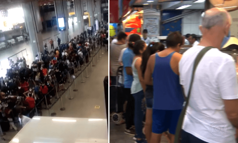 Aglomeração de pessoas em guichê de atendimento do aeroporto de Guarulhos e em estande do Mercado Municipal de São Paulo
