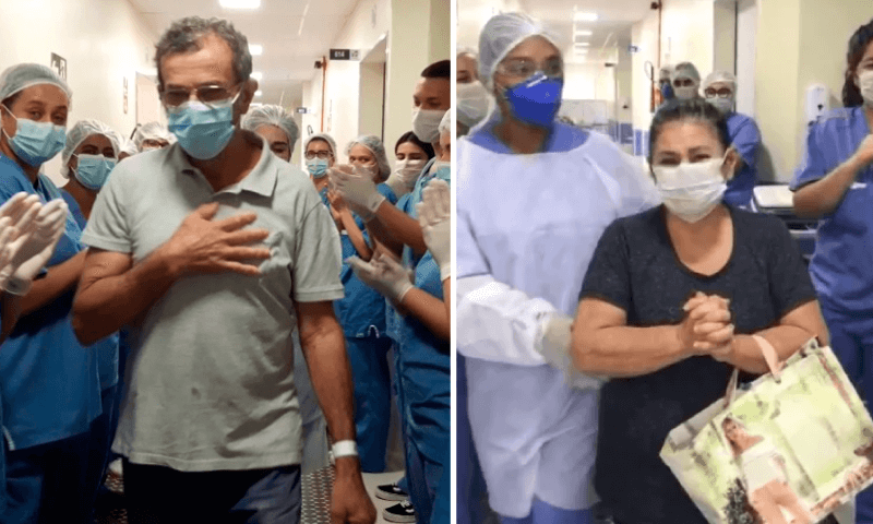 Pedro e Lídia em duas fotos diferentes saem do Hospital São Vicente sob aplausos