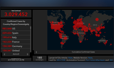 Mapa mundi com foco de casos confirmados de coronavírus