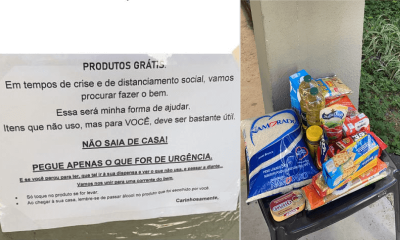 Mantimentos expostos em banquinhos e cartaz com informações e orientações