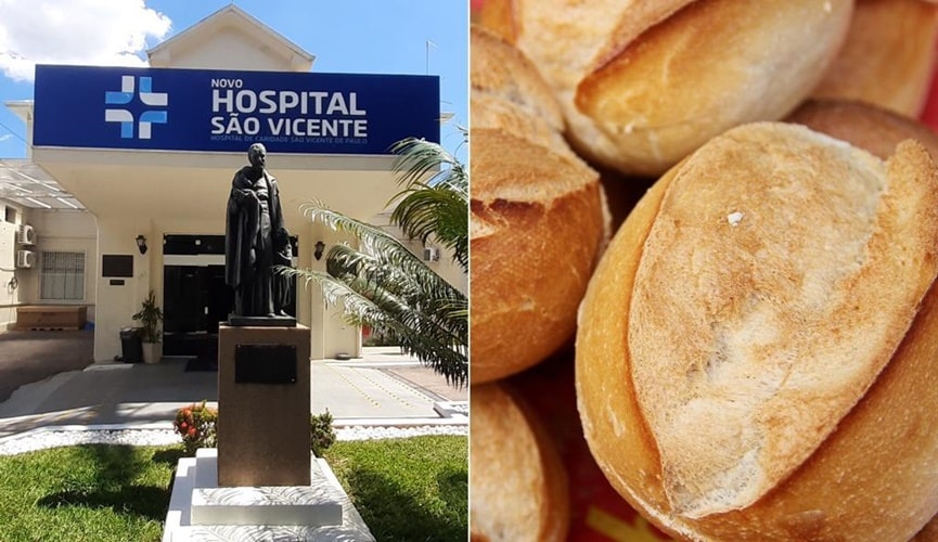 Foto de hospital, à direita; foto de pão, à esquerda