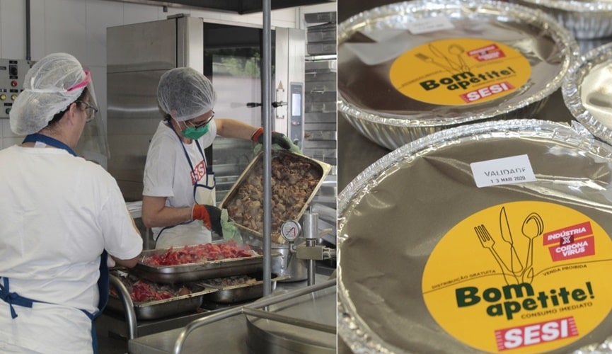 Foto de cozinheiras, à esquerda; foto de marmita, à direita