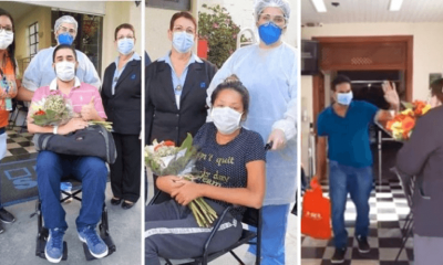 Pacientes saindo do Hospital São Vicente, recebendo flores