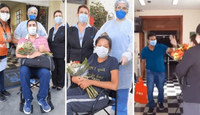 Pacientes saindo do Hospital São Vicente, recebendo flores