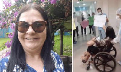 Eva Maria dos Santos em selfie e durante saída do hospital