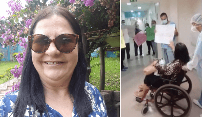 Eva Maria dos Santos em selfie e durante saída do hospital