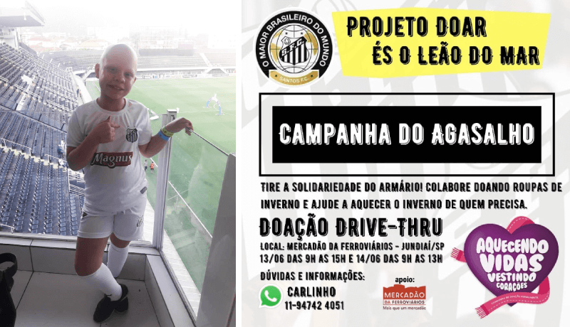 Larissa veste uniforme do Santos; à direita, banner com dados sobre a campanha