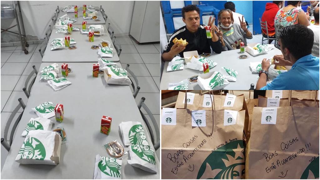 Acolhidos se sentam à mesa para café da tarde