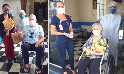 Sr. Valmir e dona Norma, de cadeira de rodas, na saída do hospital são vicente