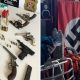 Foto de armas, à esquerda; foto de bandeira nazista, à direita