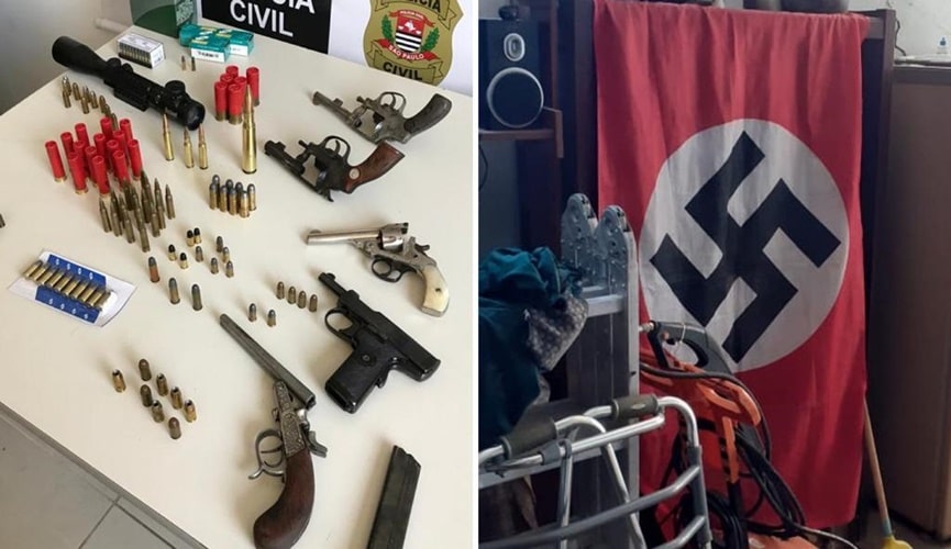 Foto de armas, à esquerda; foto de bandeira nazista, à direita