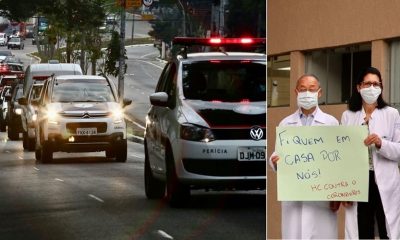 Foto de carreata, à direita; foto de médicos com cartazes, à esquerda