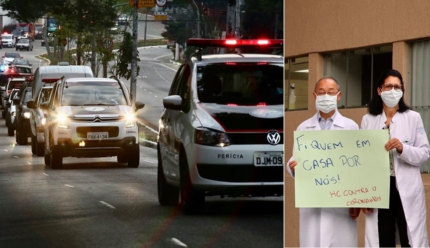 Foto de carreata, à direita; foto de médicos com cartazes, à esquerda