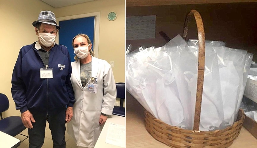 Foto de idoso com enfermeira, à esquerda; foto de máscaras em cesta, à direita