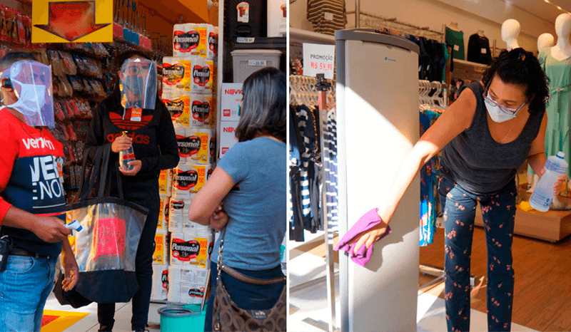 Comerciantes utilizando máscaras e limpando loja com álcool em gel