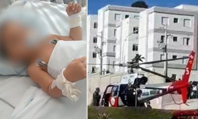 Criança hospitalizada, à esquerda; águia fazendo resgate, à direita