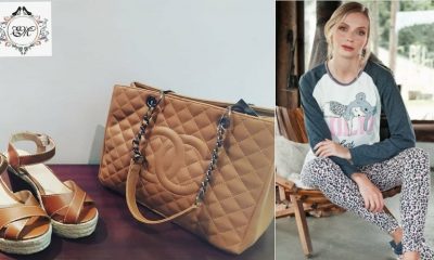Foto de calçado e bolsa, à esquerda; foto de mulher de pijama, à direita