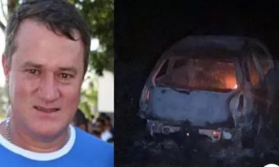 Foto de homem, à esquerda; foto de carro queimado, à direita