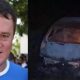 Foto de homem, à esquerda; foto de carro queimado, à direita