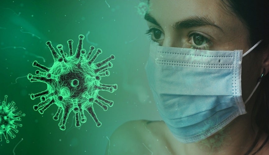 Foto de mulher de máscara com célula do coronavírus