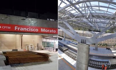 Foto da Estação de Francisco Morato, à esquerda; foto de estrutura de aço, à direita