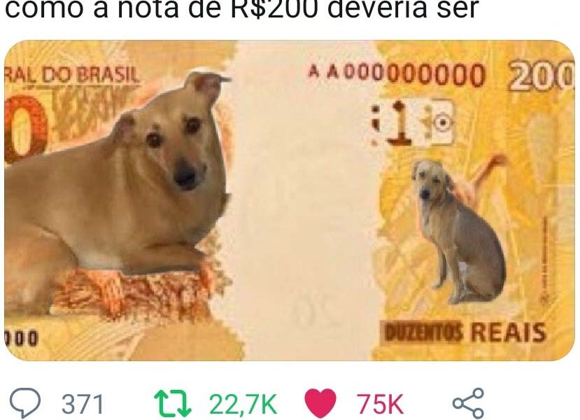 Cachorro caramelo na nota de 200 reais. (Foto: Reprodução)