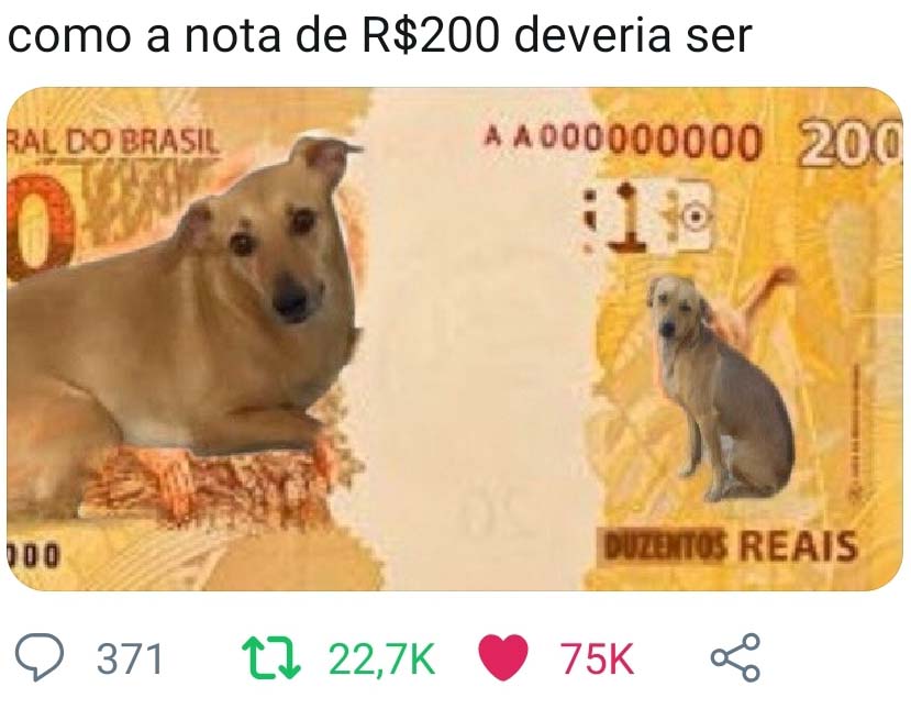 Cachorro caramelo na nota de 200 reais. (Foto: Reprodução)