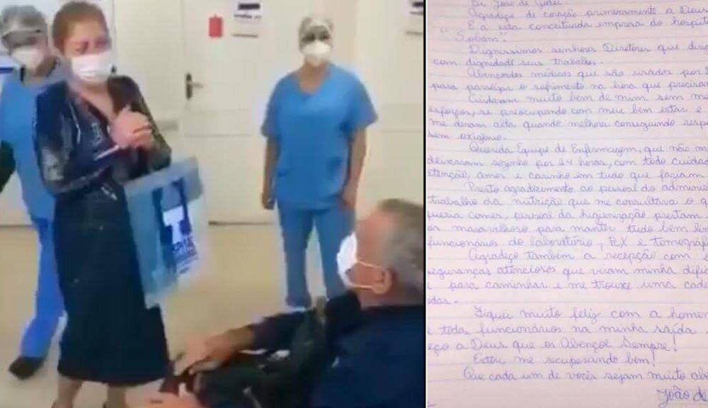 Seu João saindo do hospital de cadeira de rodas