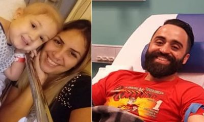 Foto de mulher com criança hospitalizada, à esquerda; foto de homem hospitalizado, à direita